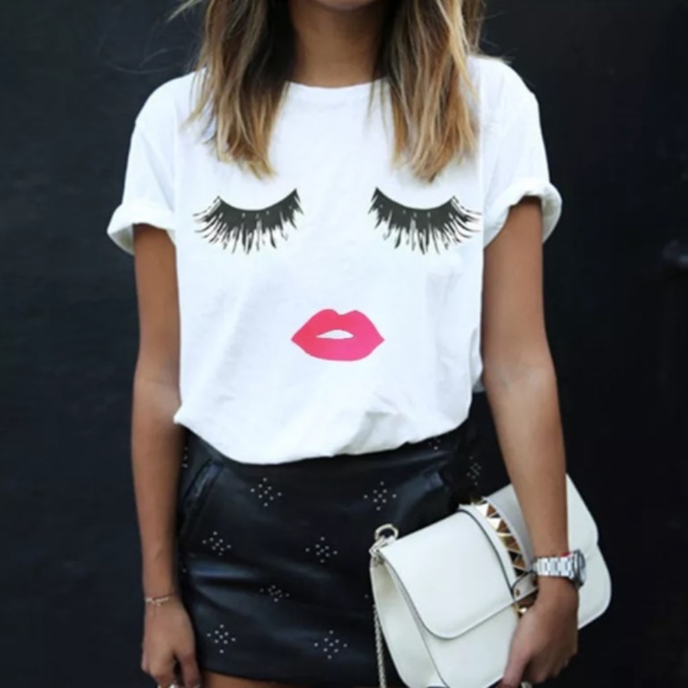 🛍Eyelashes lip white tee shirt G3